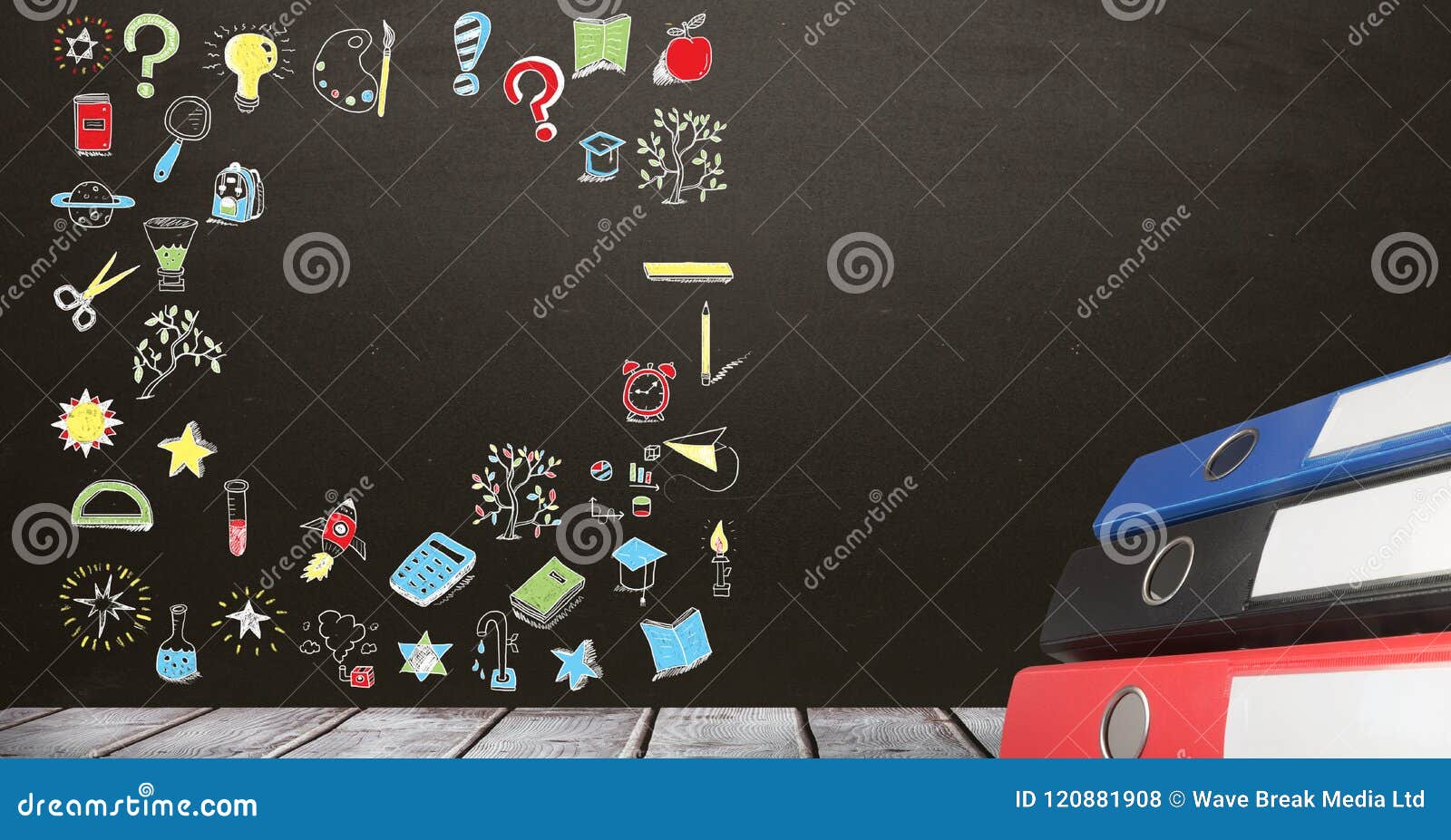 education drawing on blackboard for school with folders stock photo