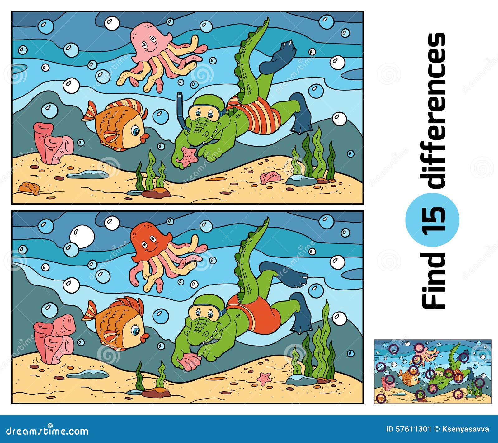 Education Game Find Differences (crocodile Diver, Ocean Floor) Stock Vector Illustration of