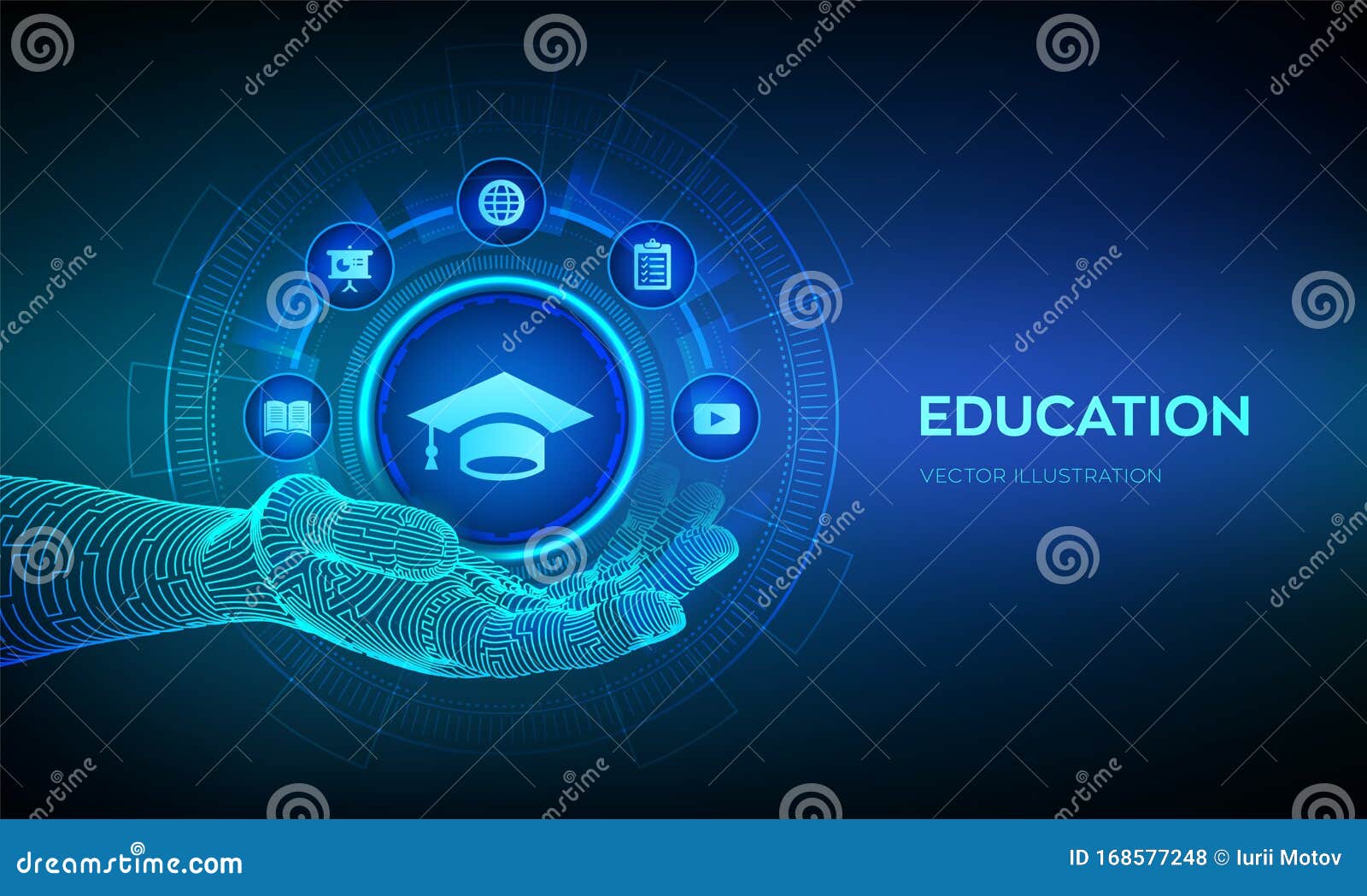 education icon in hand. innovative online e-learning and internet technology concept. webinar, knowledge, online training courses