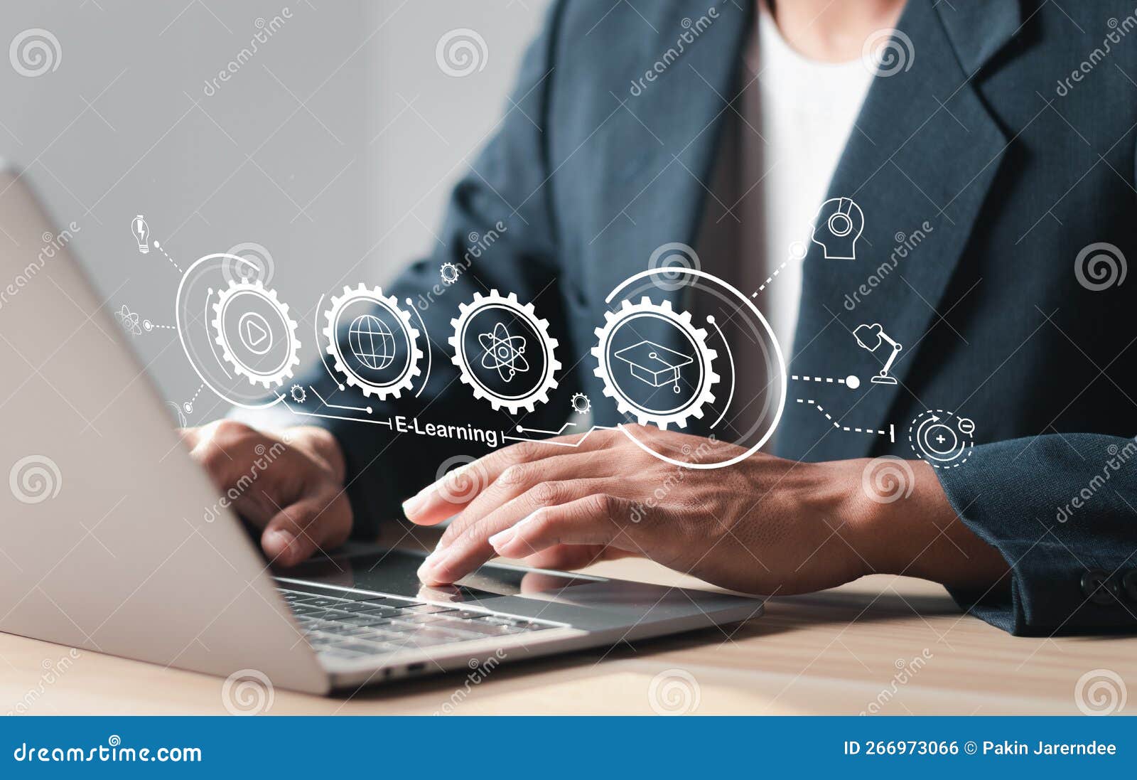 person who attends online lessons on a digital screen. education internet technology.