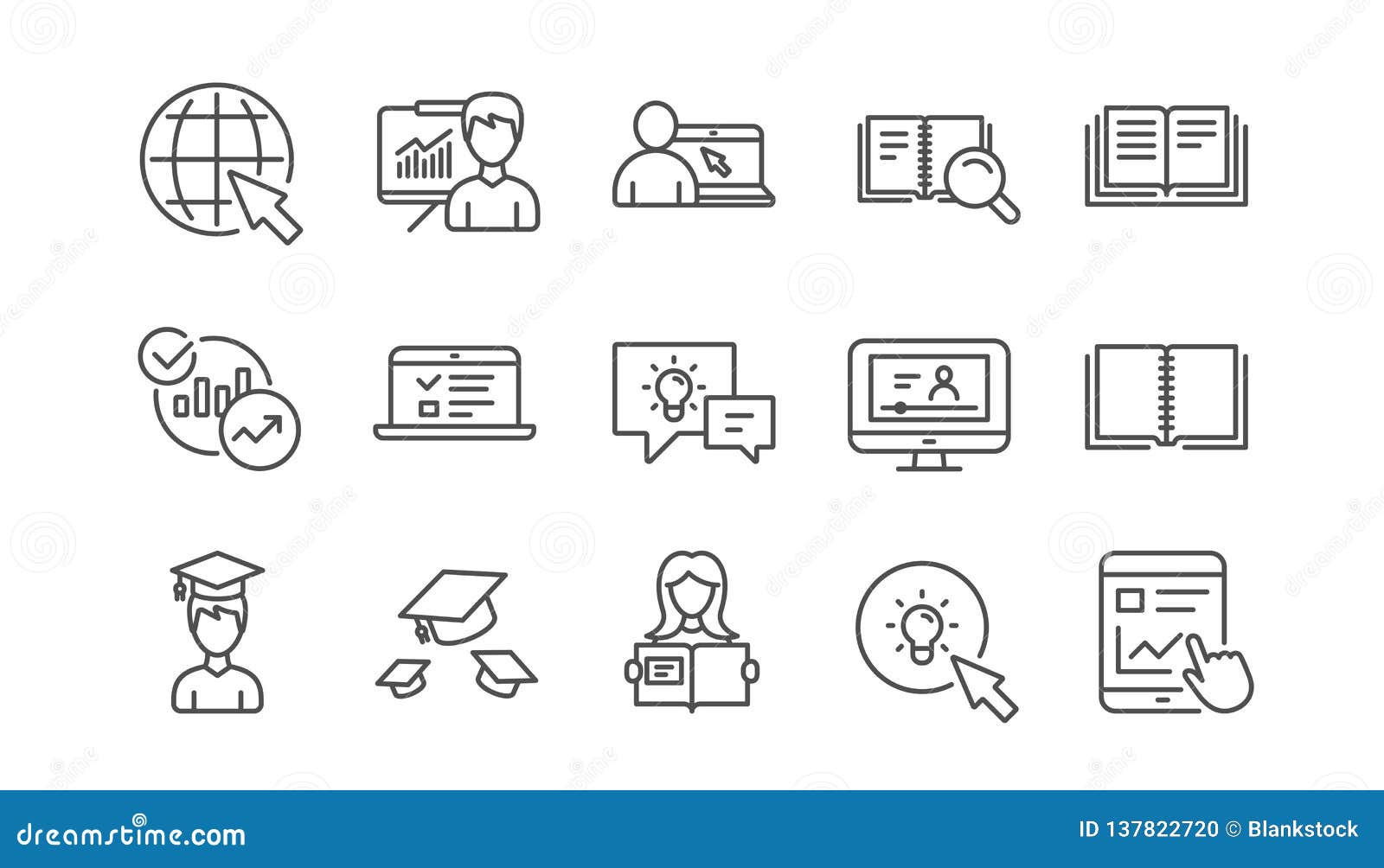 education line icons. book, video tutorial and instructions. linear icon set. 