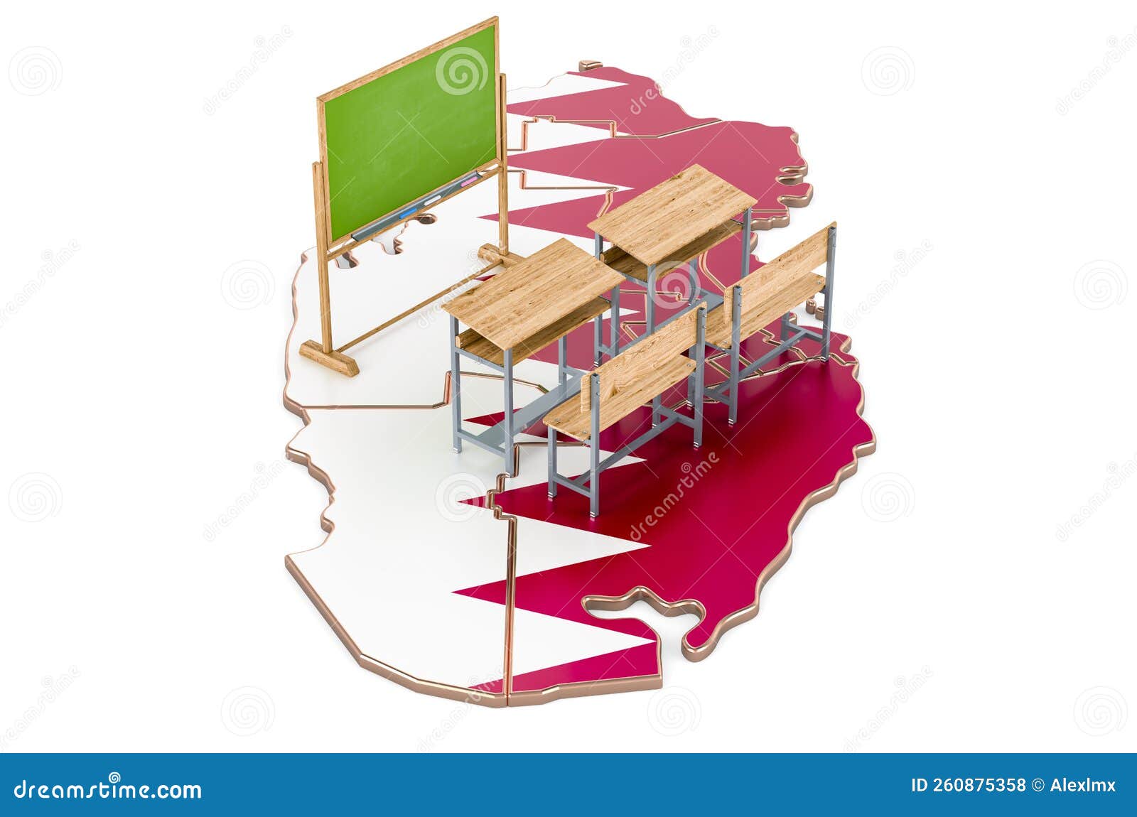 Education in Qatar, Concept. School Desks and Blackboard on Qatari Map