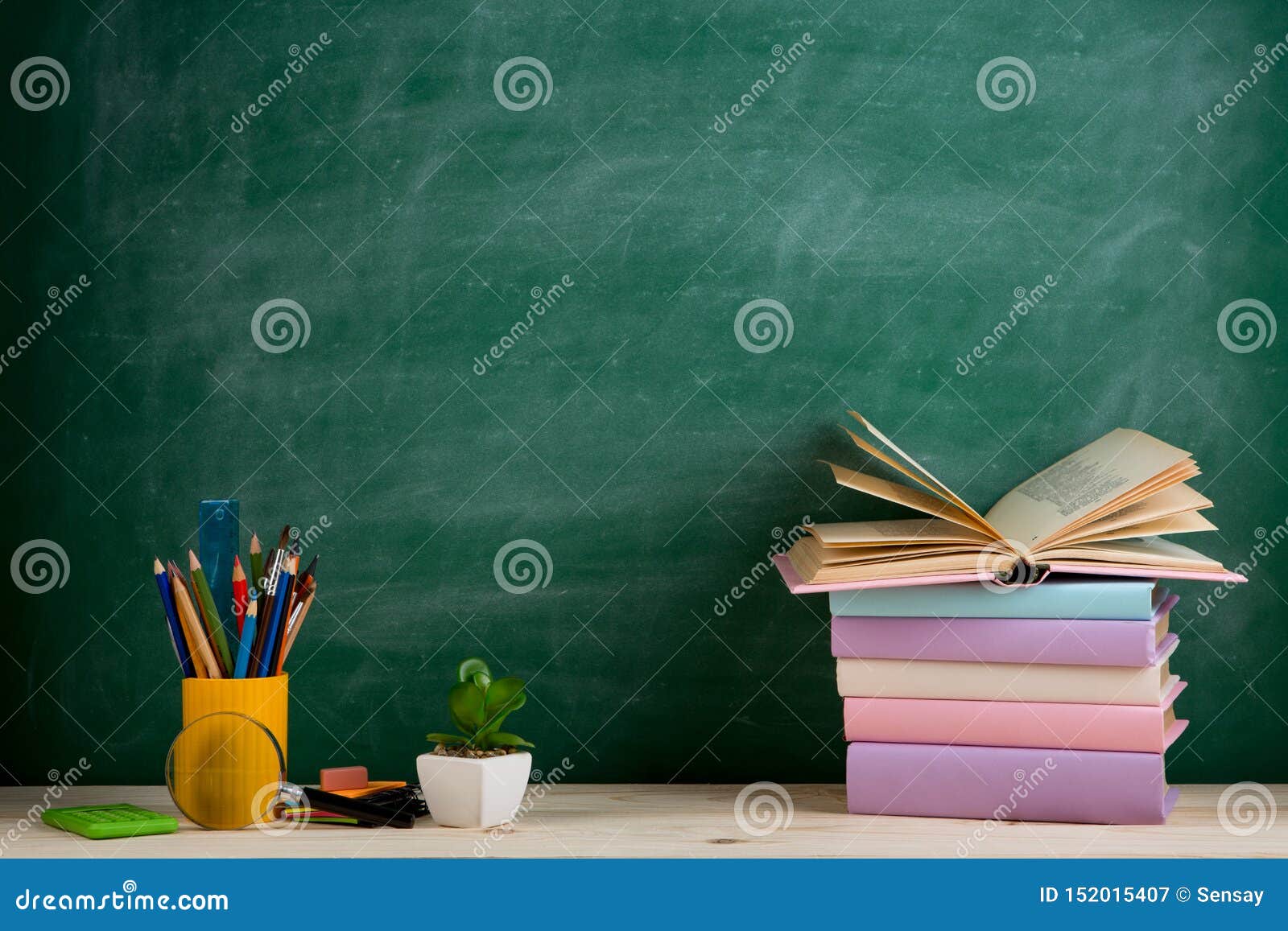 Education and Reading Concept - Group of Colorful Books on the Wooden Table  in the Classroom, Blackboard Background Stock Image - Image of library,  chalk: 152015407