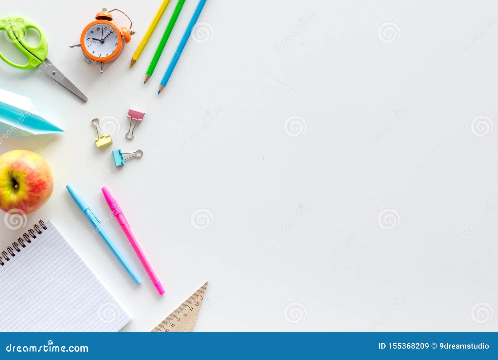 Back To School with Stationary, Notebook and Alarm Clock on White Student  Desk Background Top View Mock-up Stock Image - Image of education,  copybook: 155368209