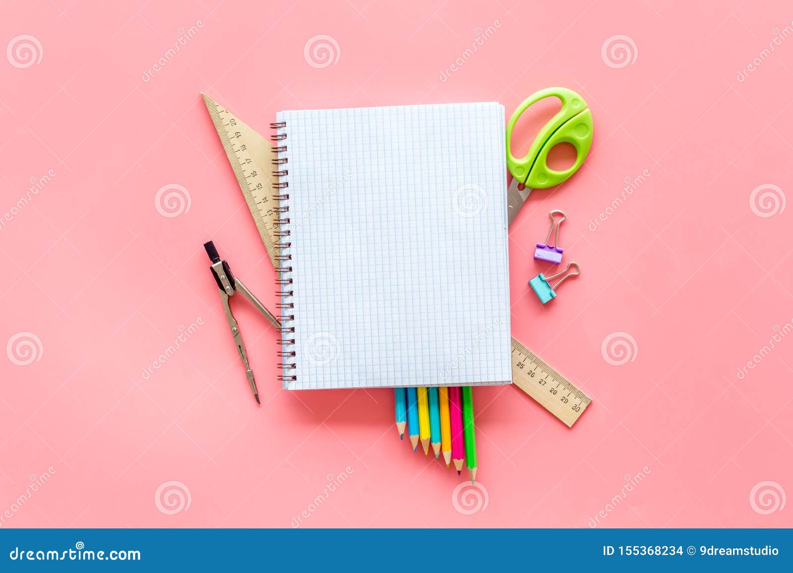 Back To School With Stationary Notebook And Scissors On Pink