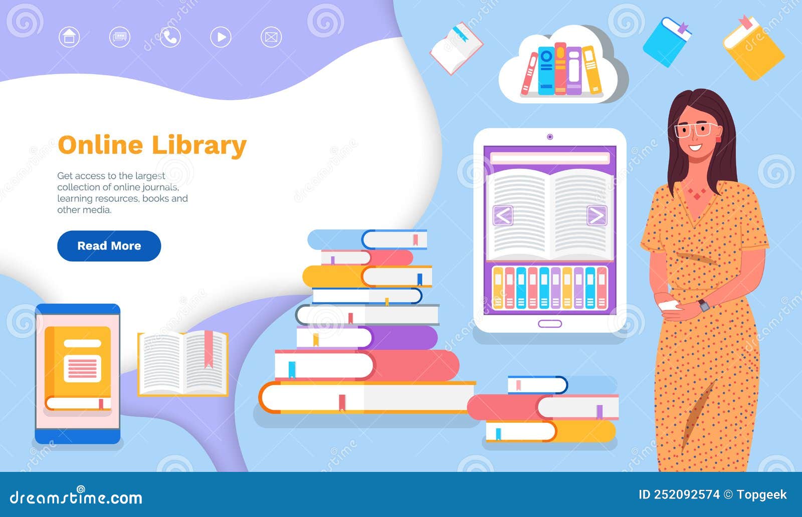 Online Library, Electronic Book Storage. Woman Using Educational