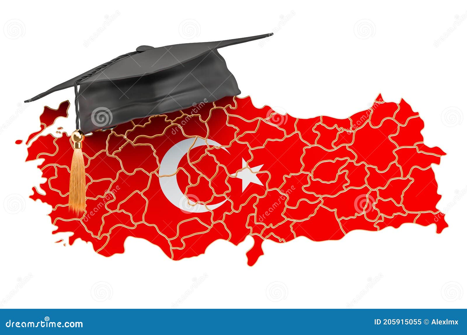 Education in Turkey Concept. Turkish Map with Graduate Cap, 3D