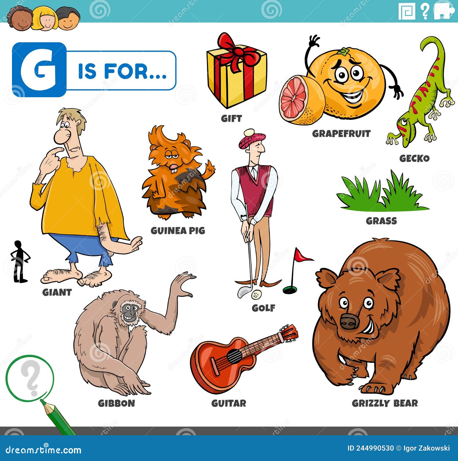 Letter G Words Educational Set with Cartoon Characters Stock Vector -  Illustration of children, golf: 244990530