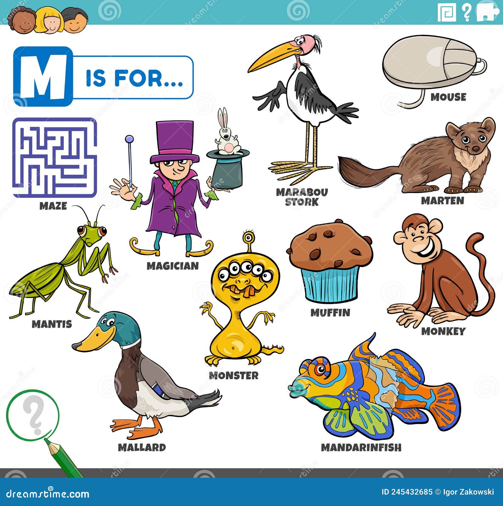 Letter M Words Educational Set with Cartoon Characters Stock Vector ...