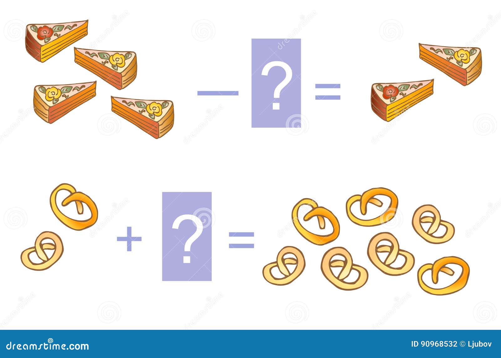 educational game for children. mathematical addition and subtraction. examples with cakes and biscuits.