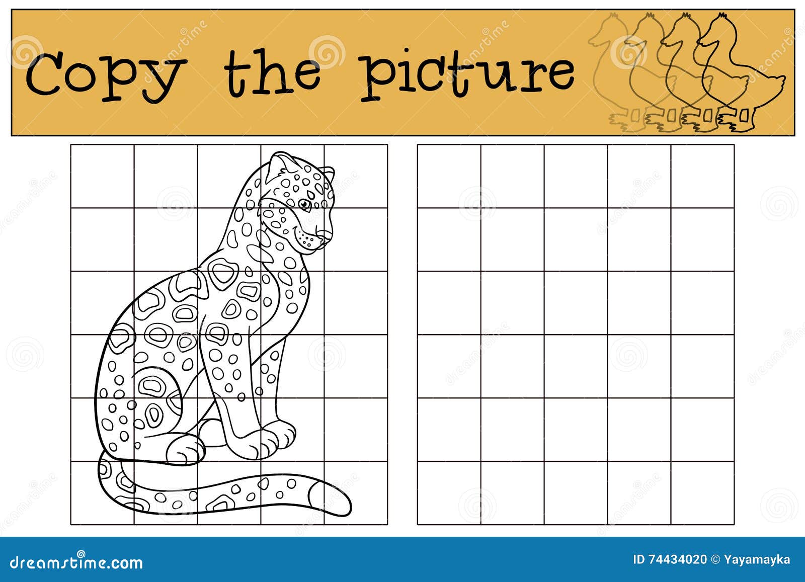educational game: copy the picture. cute spotted jaguar smiles.