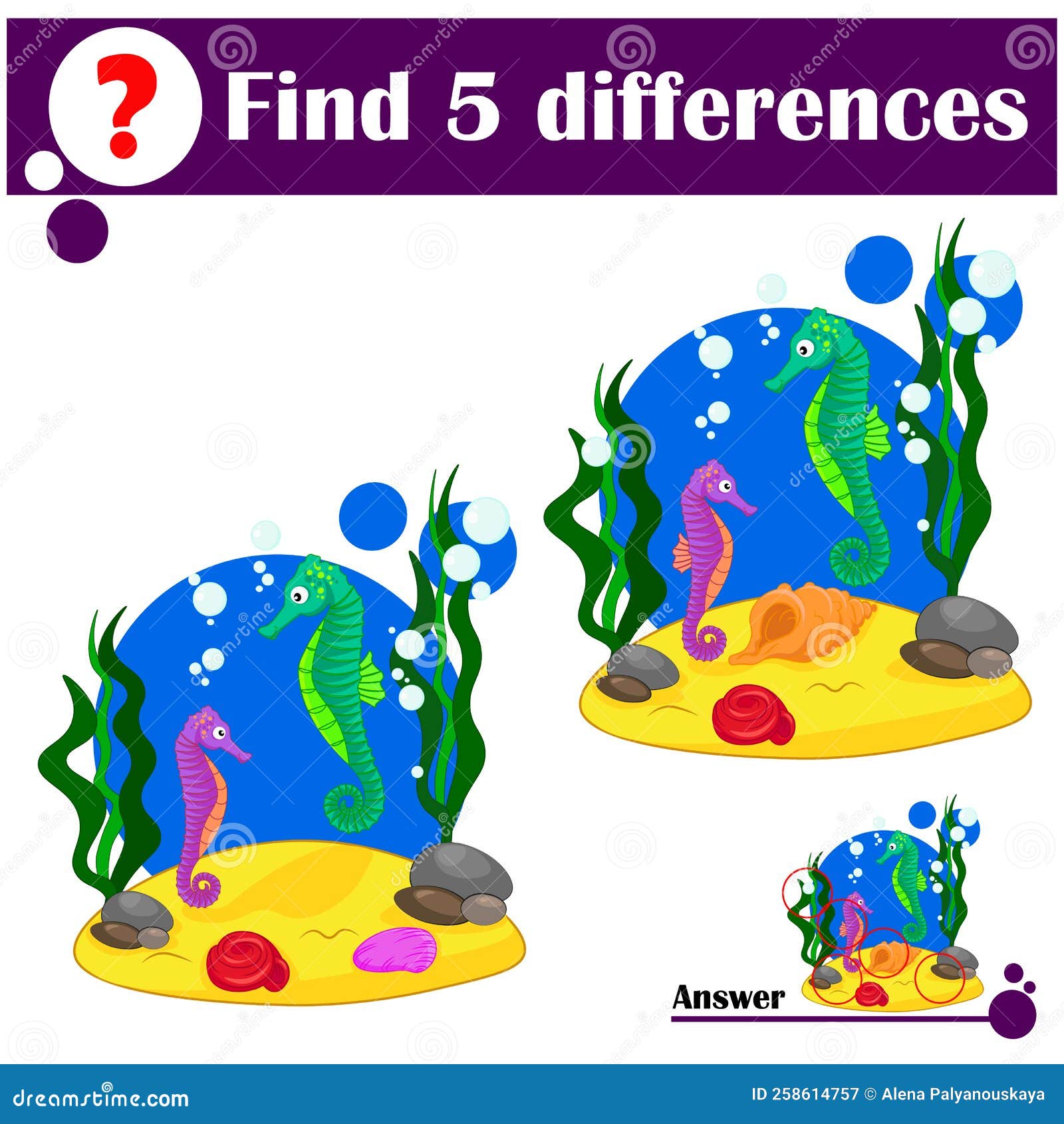 Educational Game Find Differences. Two Seahorses on the Seabed Stock