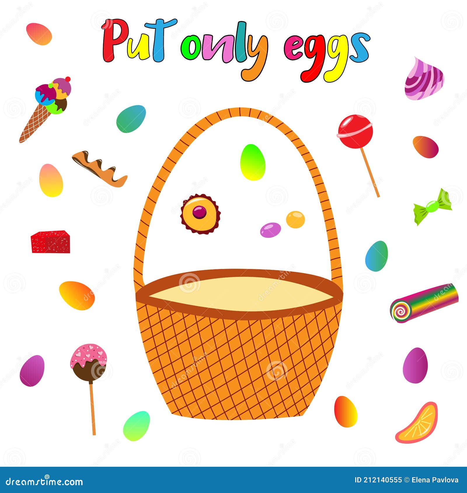 Educational Game for Kids. Put only Eggs in Basket. Sweets and Eggs