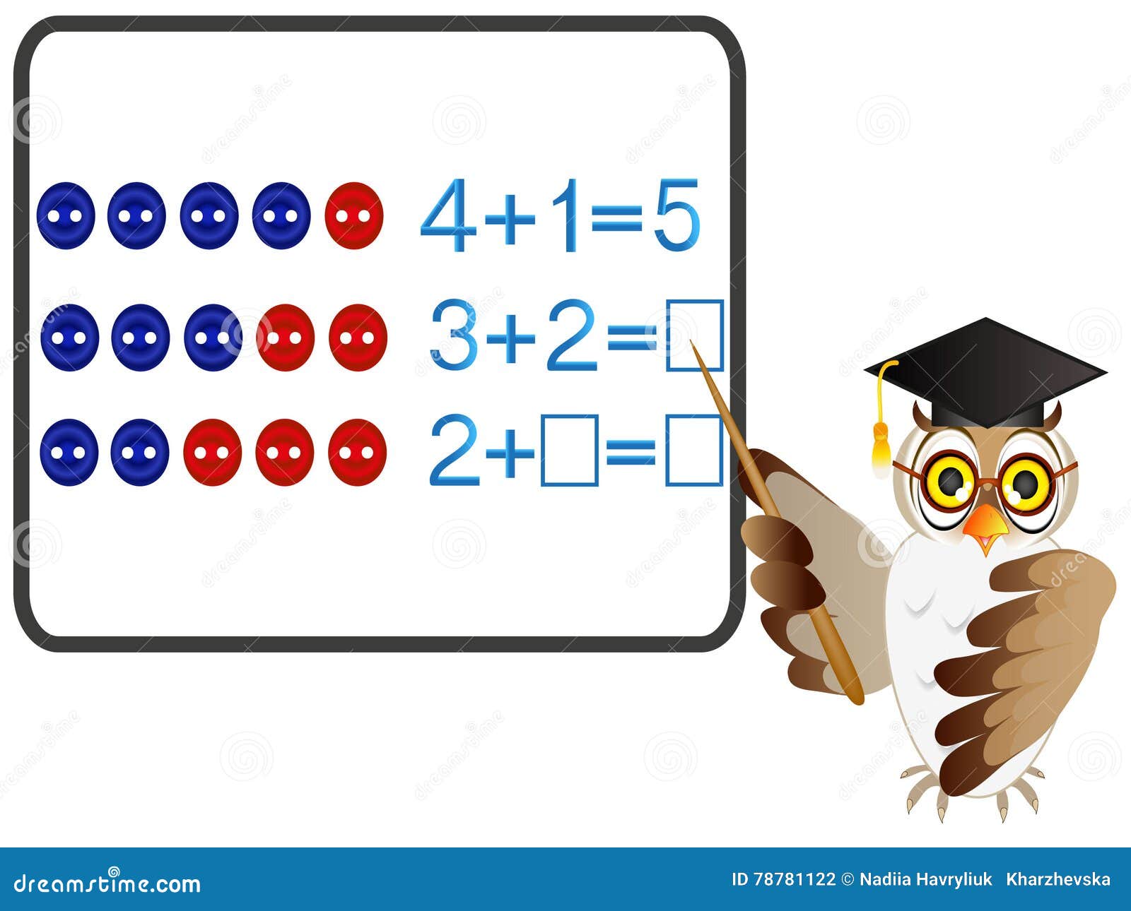 educational games for children, on the composition of the five, example with buttons with owl teacher.
