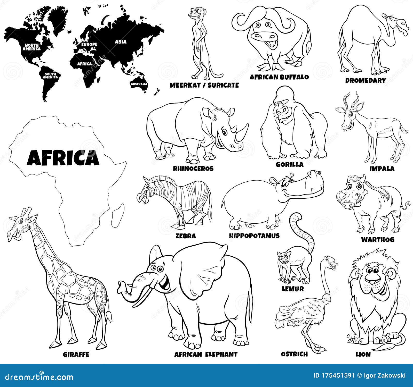 Educational Illustration of African Animals Color Book Page Stock ...