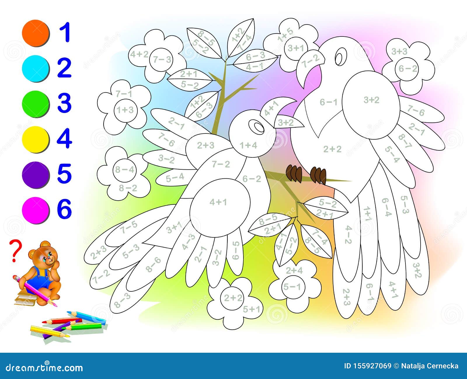 educational page with exercises for children on addition and subtraction. solve examples and paint the birds in relevant colors.