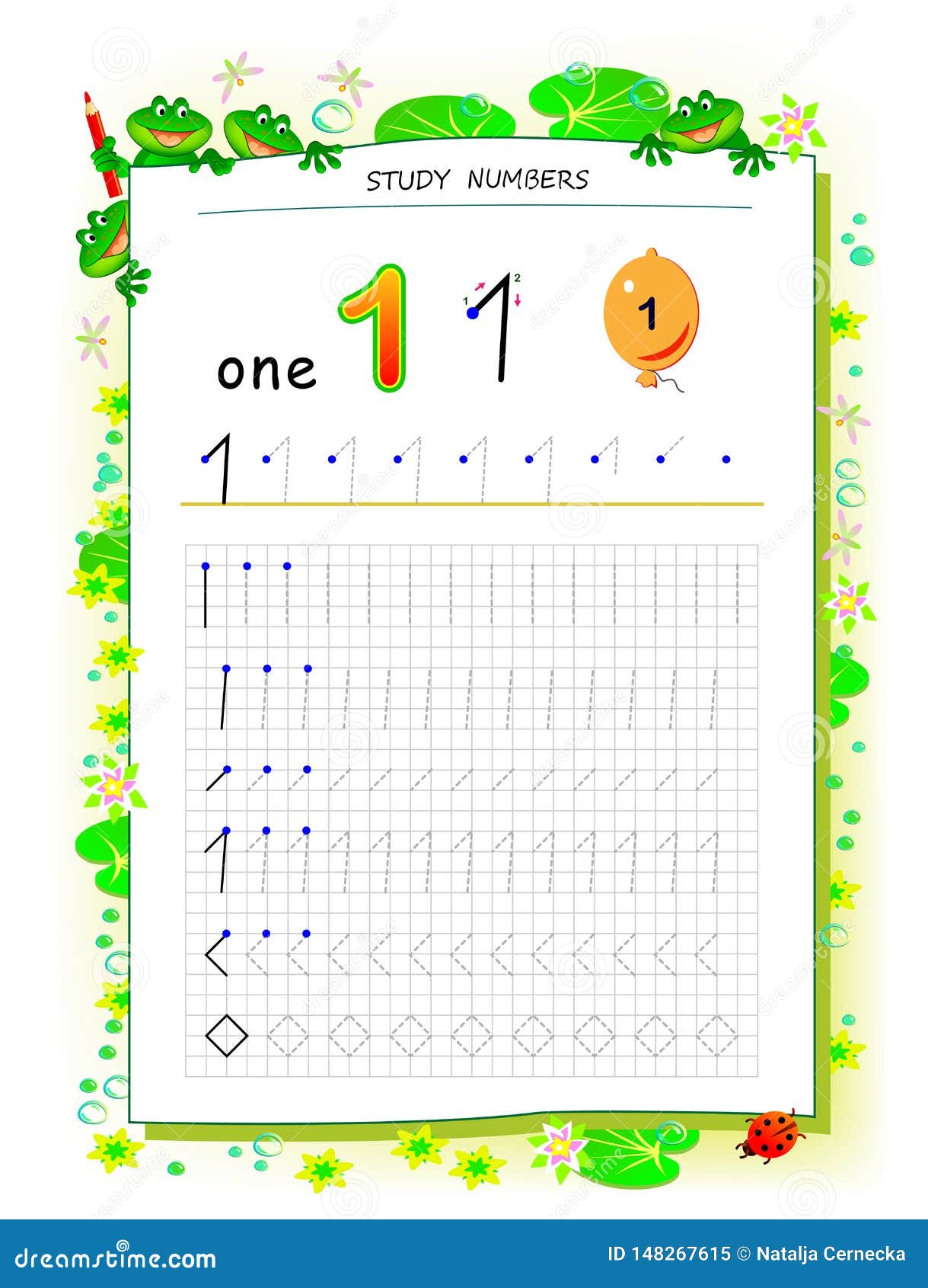 educational page on square paper for kids with number 1 printable worksheet for children textbook developing skills of counting stock vector illustration of mathematics lesson 148267615