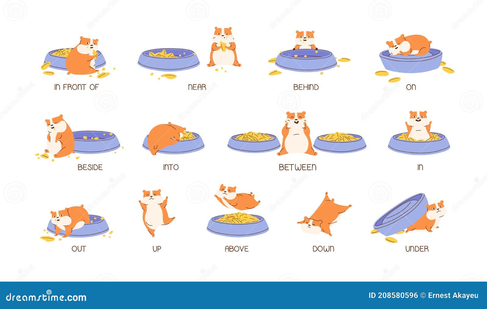 educational set of hamster and english prepositions of place and movement. cute and funny animal with bowls and