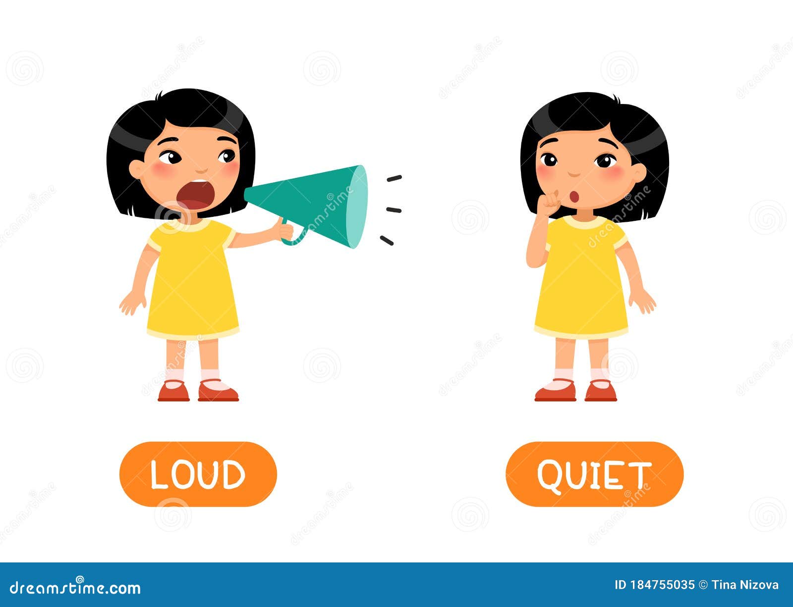 educational word card with opposites. antonyms concept, loud and quiet.