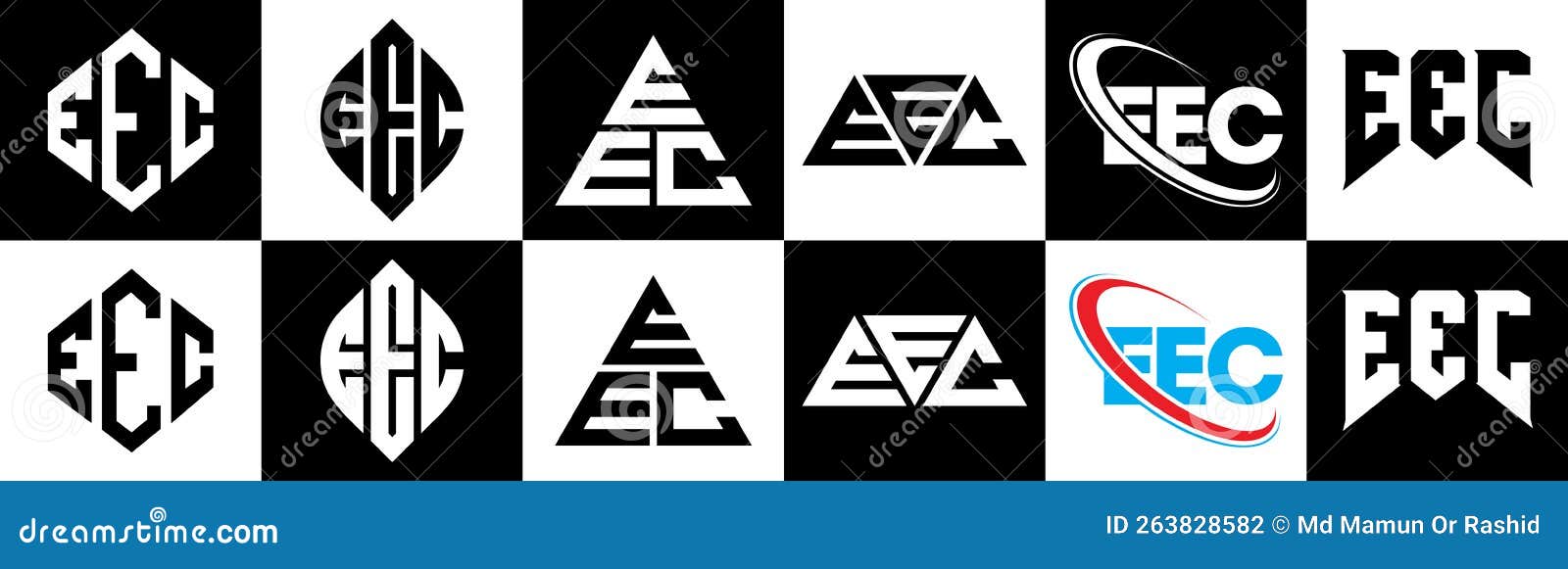 eec letter logo  in six style. eec polygon, circle, triangle, hexagon, flat and simple style with black and white color