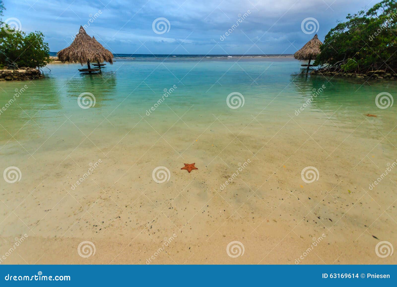 Een rode stervis in mooie getijdepool in een samllinham op Weinig Franse Kay, Roatan, Honduras. Wassen van een de rode stervis op het strand in een mooie getijdepool met tikihutten in een kleine inham in Weinig Franse Kay, Roatan, Honduras