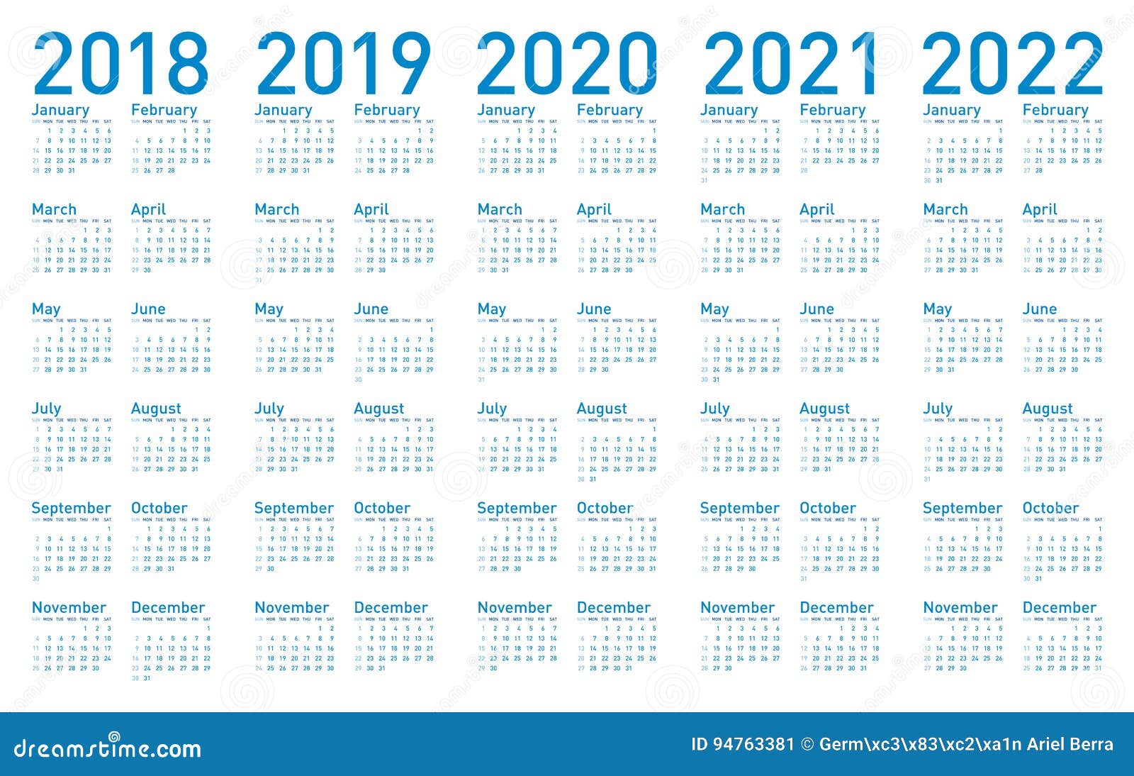 Smelten Zoekmachinemarketing cap Eenvoudige Blauwe Kalender Jaren 2018.2019, 2020, 2021 En 2022 Vector  Illustratie - Illustration of jaren, dagelijks: 94763381