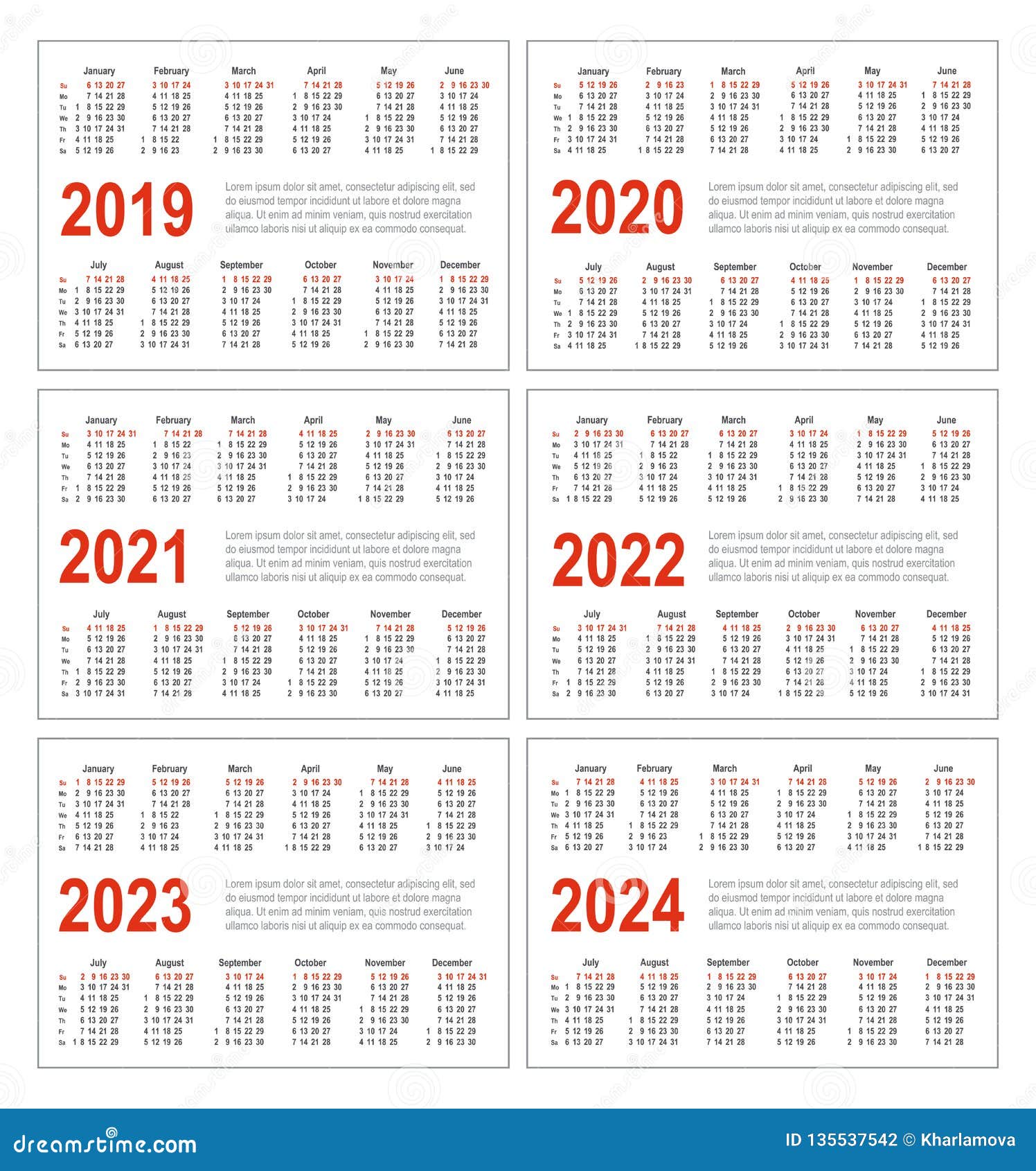 Eenvoudige Horizontale Kalender 2019 2020 2021 2022 2023 En 2024