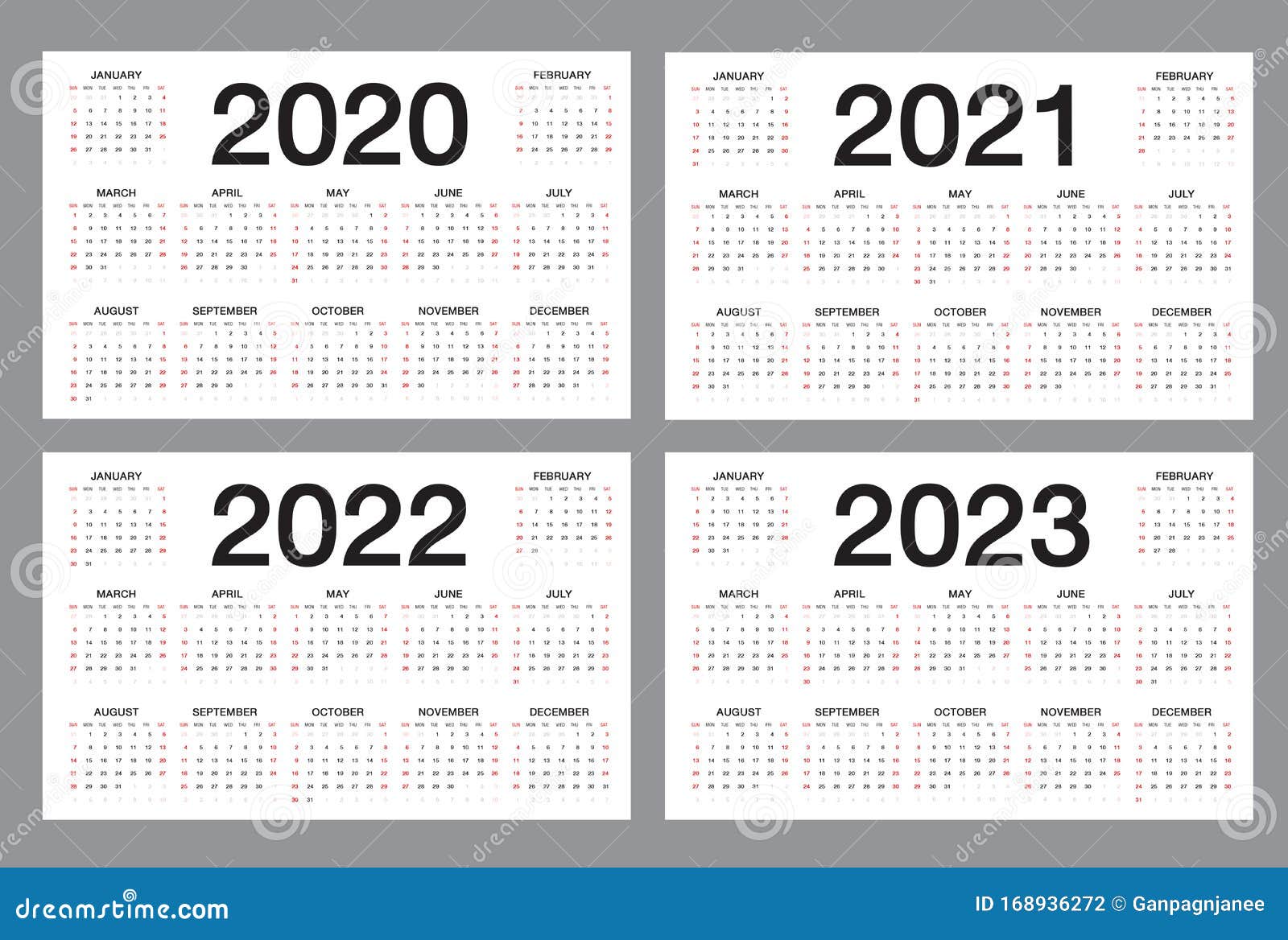 Eenvoudige Kalender Sjabloon Voor 2020 2021 2022 2023 Jaar Op Witte