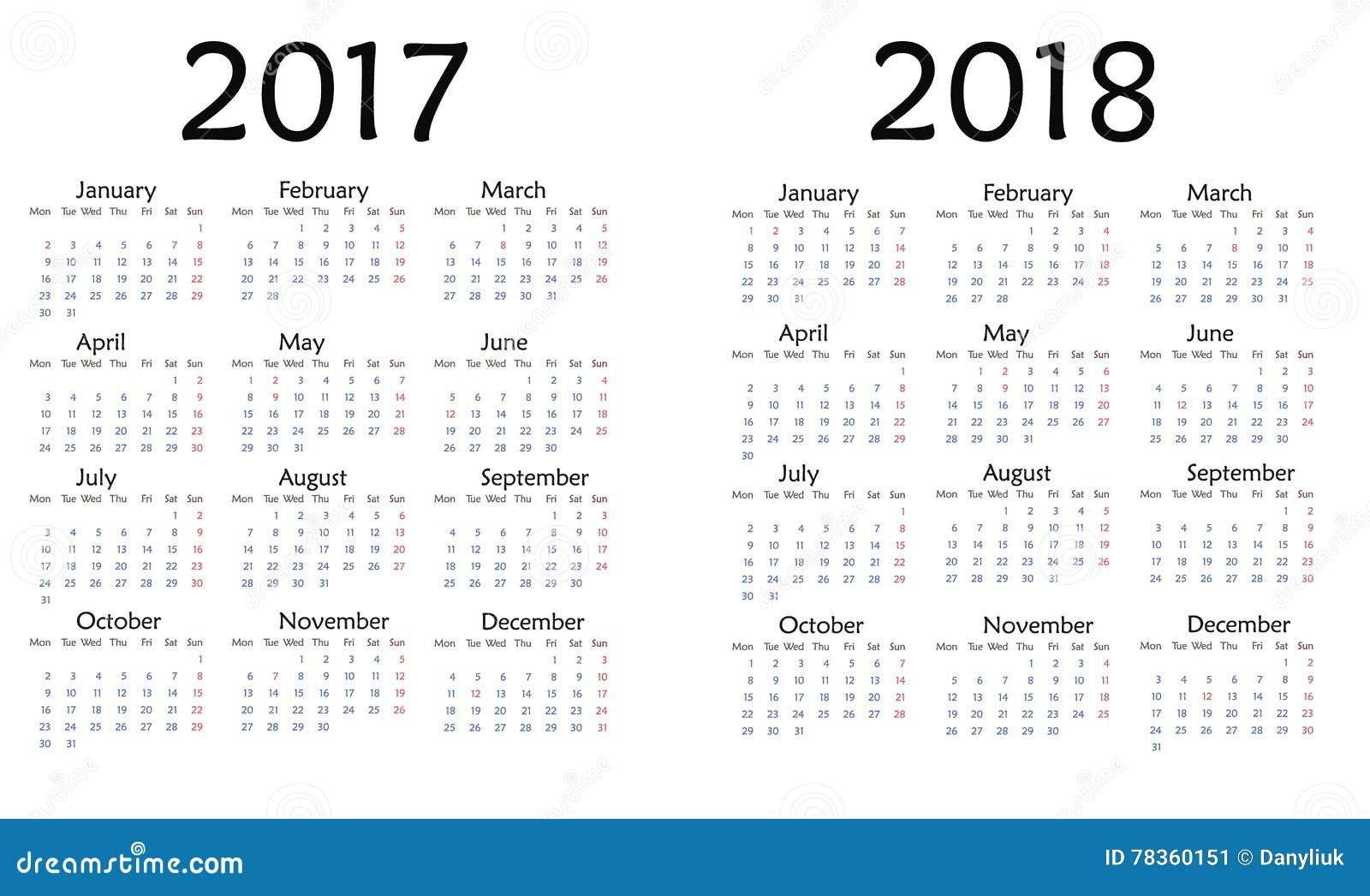 Eenvoudige Kalender Voor Het Jaar Van 2017 En Van 2018 Stock Illustratie -  Illustration Of Augustus, Zaken: 78360151