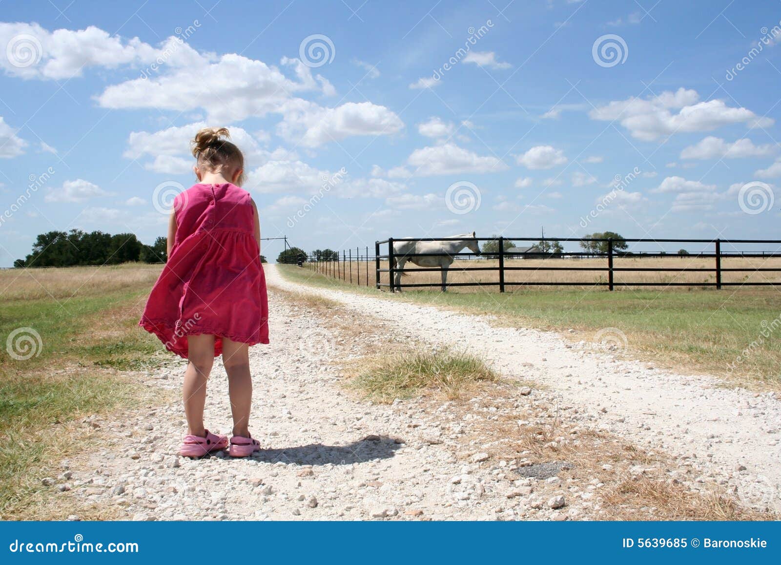 Eenzaam Kind. Een meisje in een roze kledingstribunes alleen op een landweg in het land.