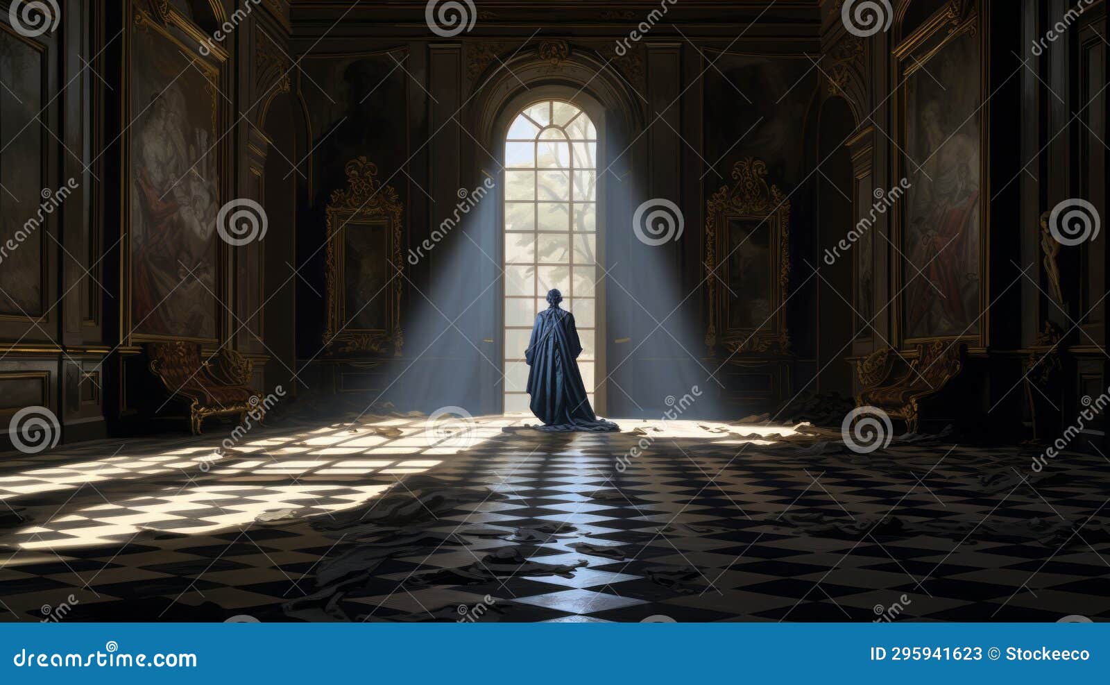 eerie baroque scene with intriguing figure in ornate room