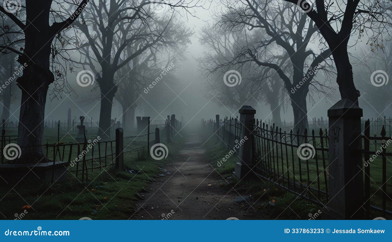 eerie foggy pathway through ghostly graveyard