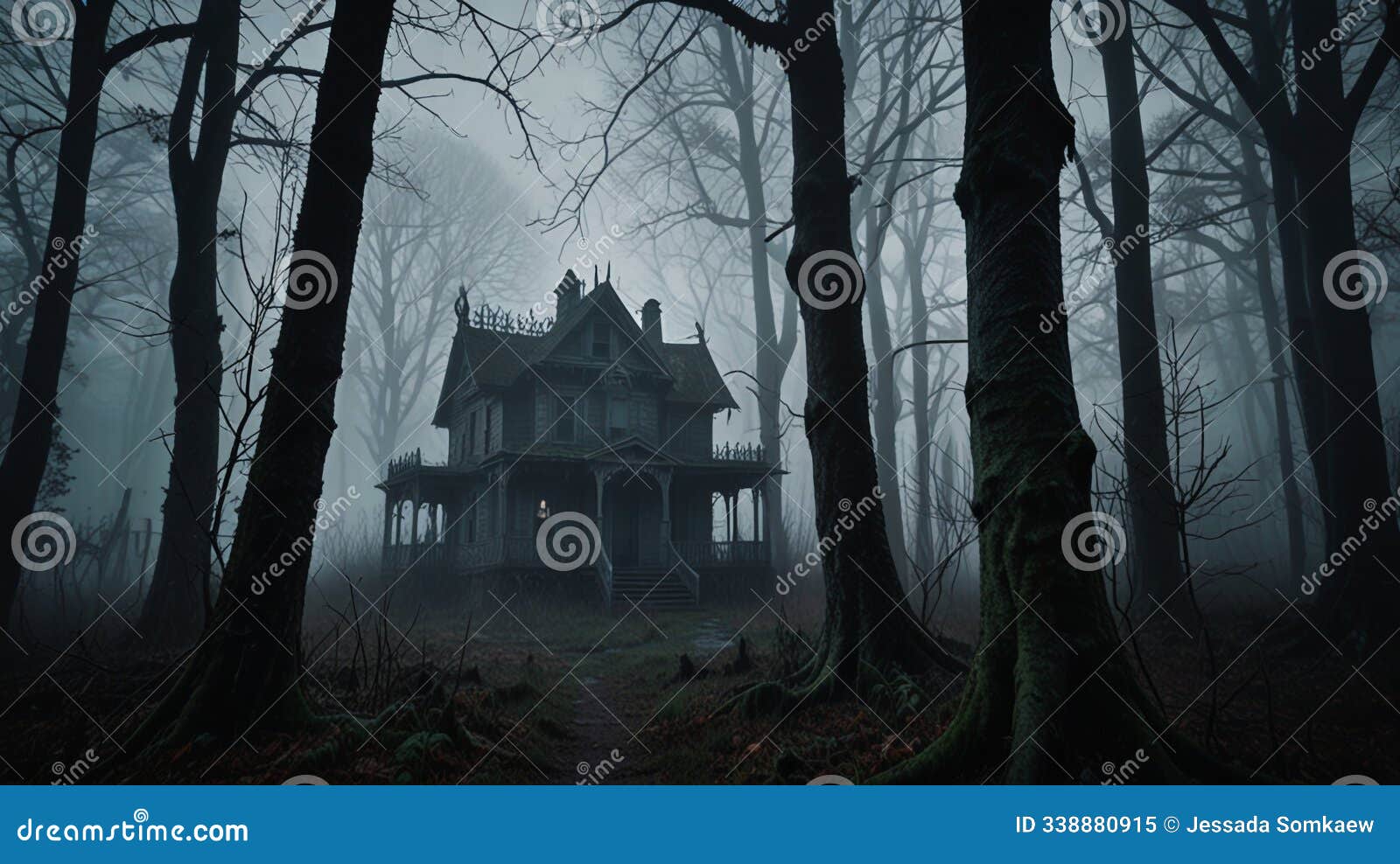 mysterious house in foggy forest landscape