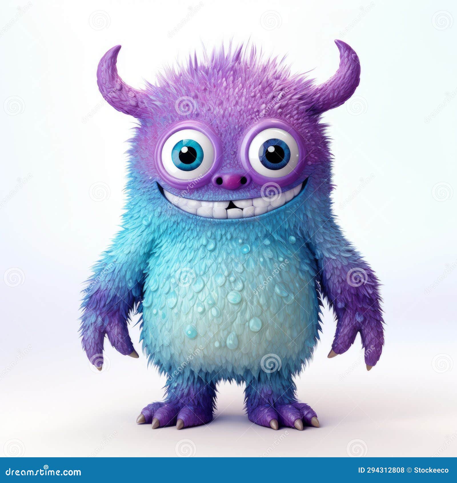 eerily realistic 3d cartoon monster with glittery purple eyes