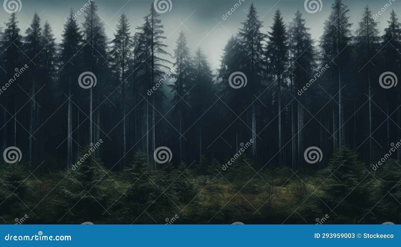 eerily realistic dark forest with fir in andreas levers style