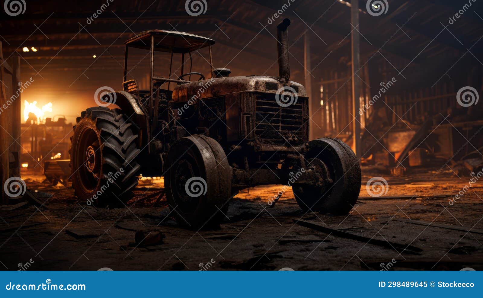 eerily realistic unreal engine 5 image of burning tractor in barn