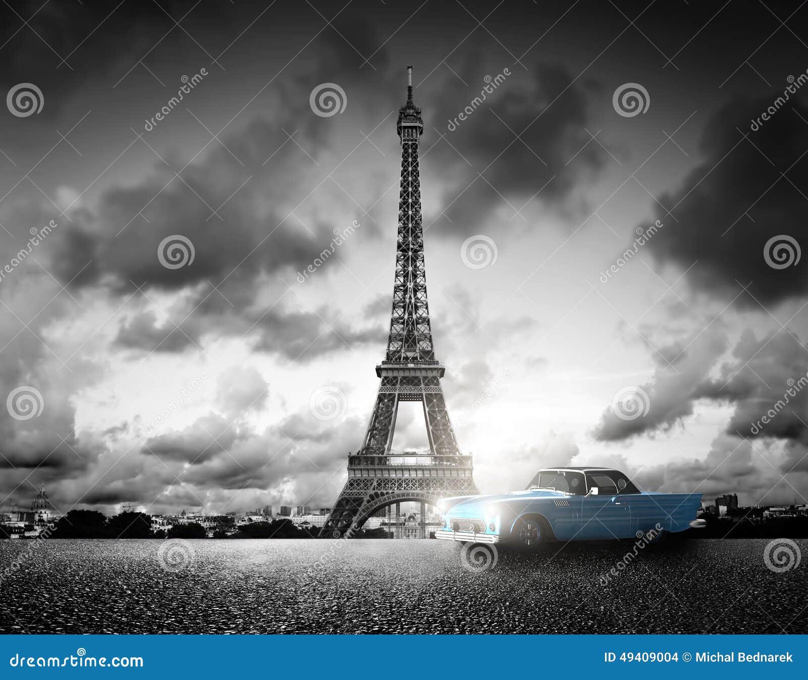 effel tower, paris, france and retro car. black and white