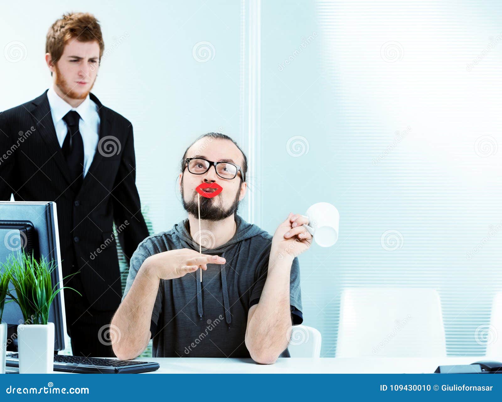 an effeminate male office worker wearing lipstick