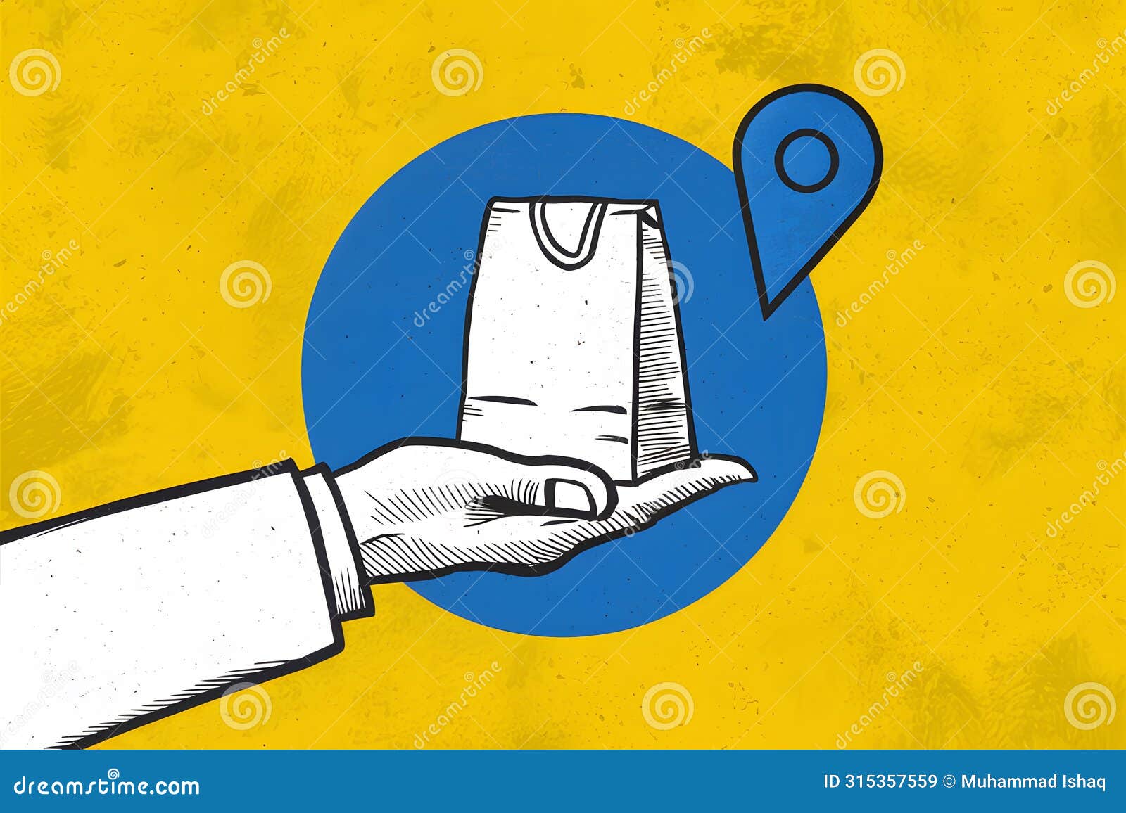 efficient delivery or pickup scenario illustrated with hand and paper bag on pin
