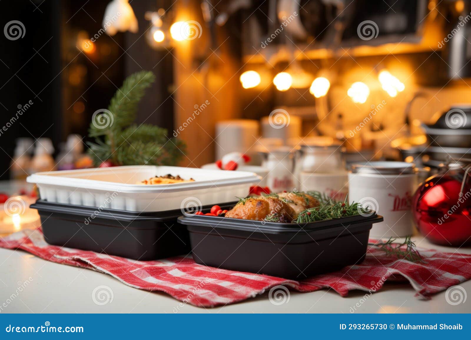 efficient holiday cooking hot orders in disposable boxes in a festive kitchen