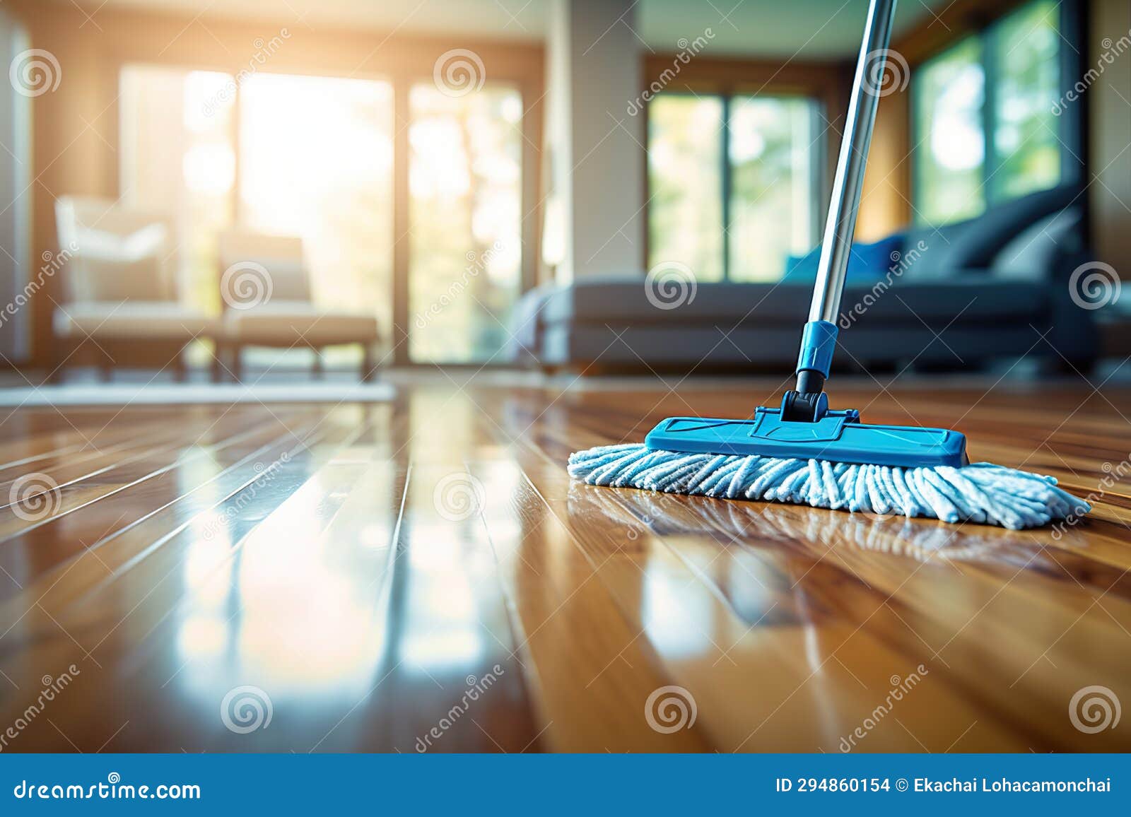 efficient parquet floor cleaning mopping with cleanser foam and essential cleaning tools. created with generative ai
