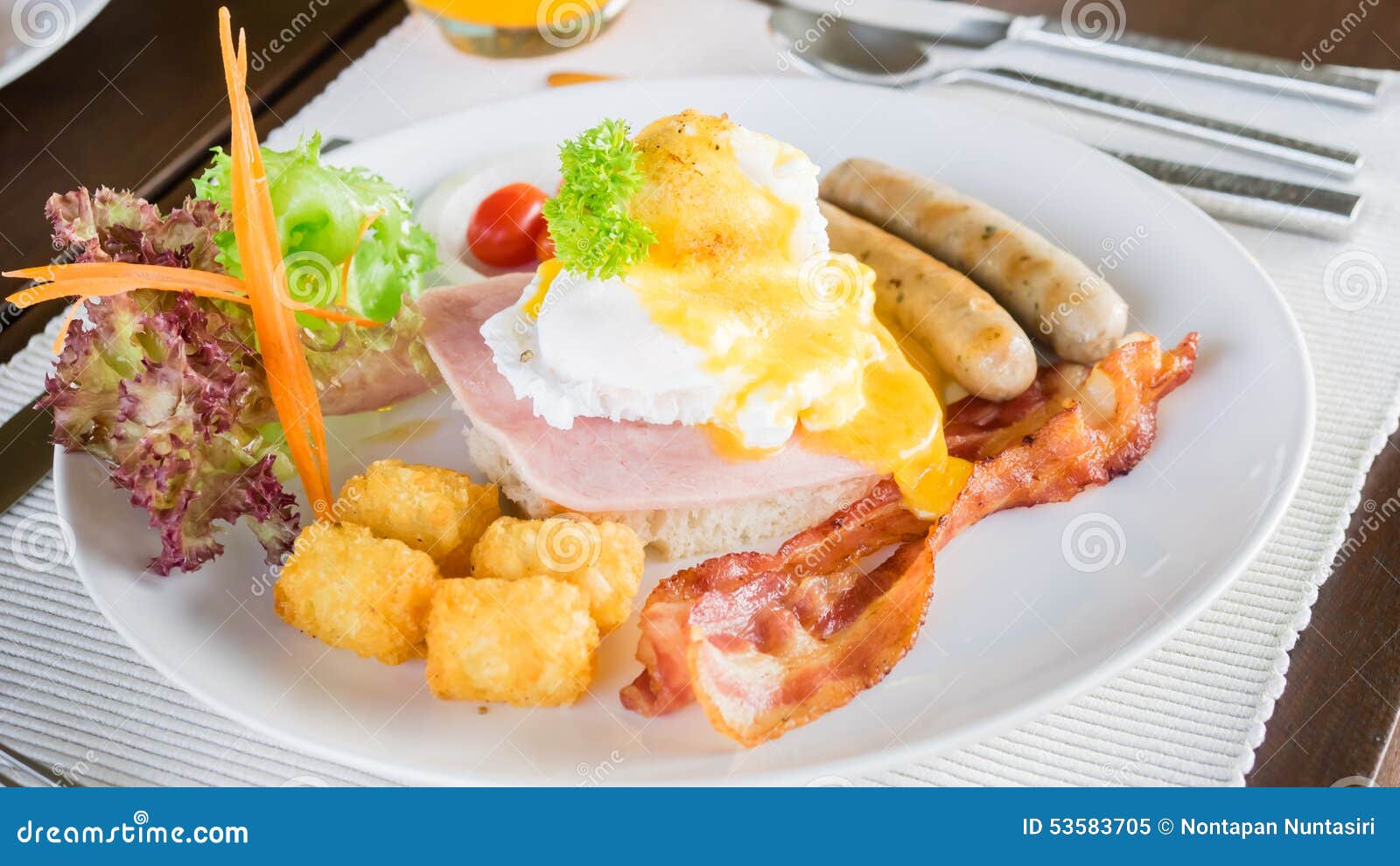 Egg Benedict with Bacon and Sausage. Stock Image Image of english
