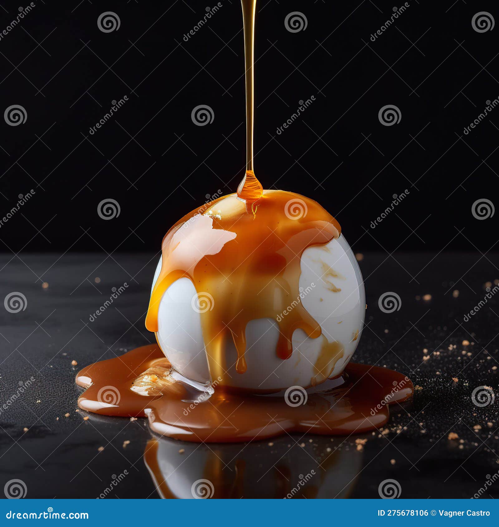 Egg with Caramel Sauce. Beautiful Egg Composition with Caramel Drops Stock Illustration