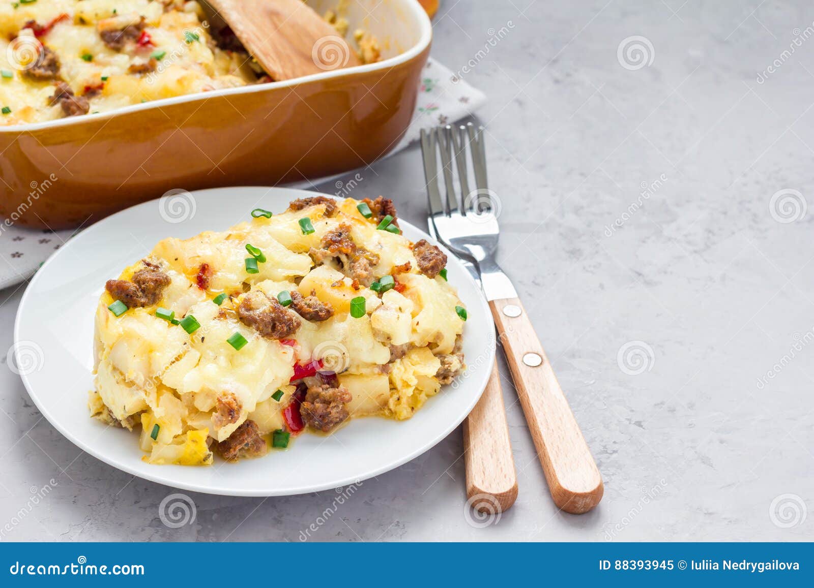 Egg Casserole with Potatoes, Sausage and Pepper, in Baking Dish, Copy