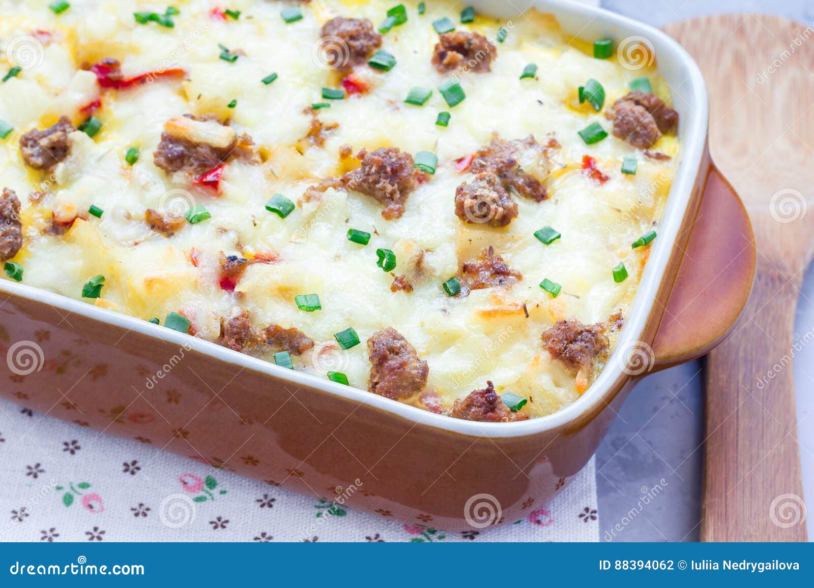 Egg Casserole with Potatoes, Sausage and Pepper, in Baking Dish Stock ...