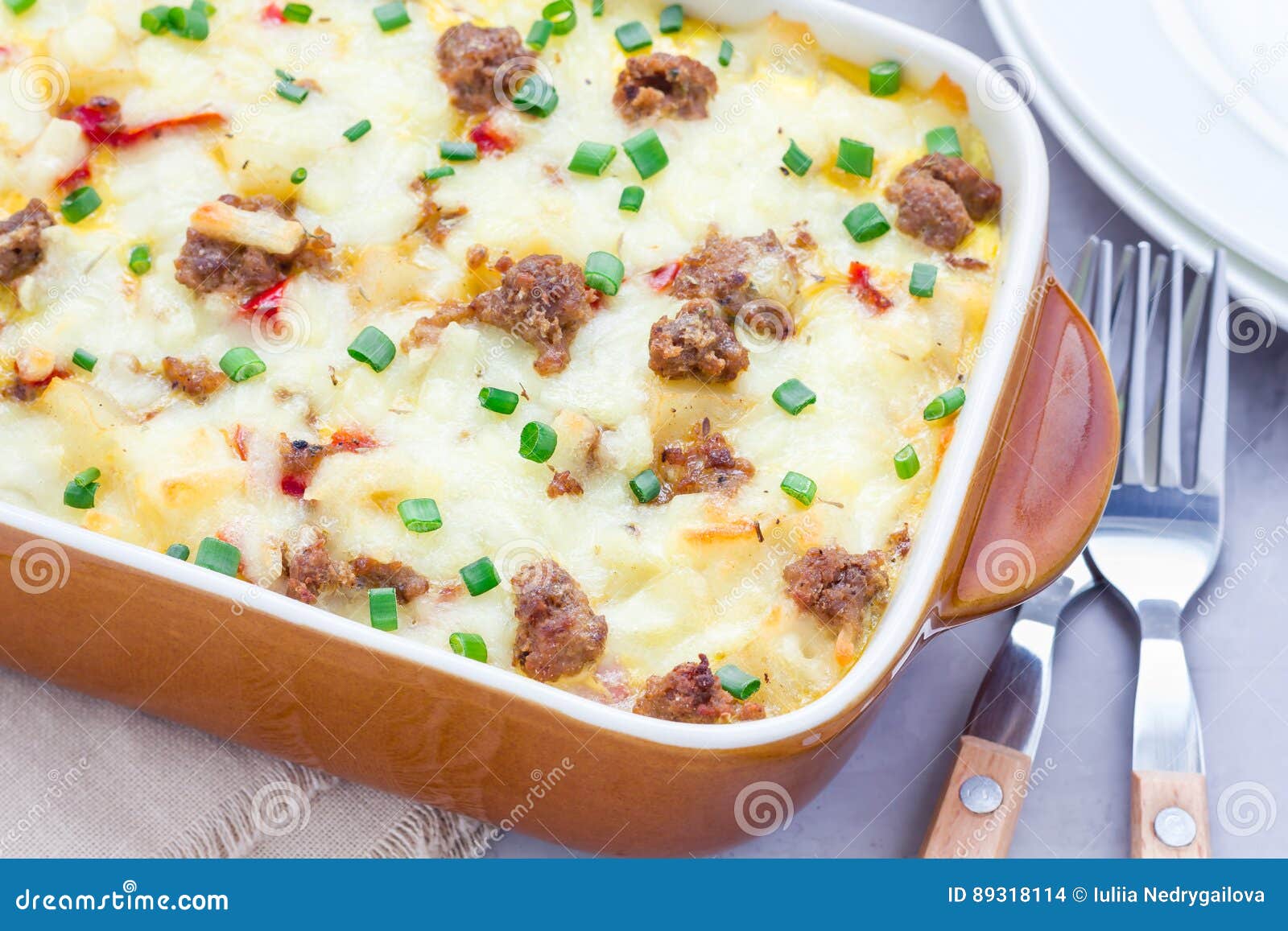 Egg Casserole with Potatoes, Sausage and Pepper, Horizontal Stock Photo