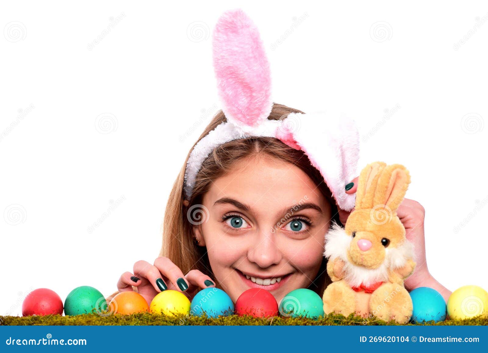 Egg Hunt Girl In Easter Rabbit Bunny Ears With Eggs Woman Peeking
