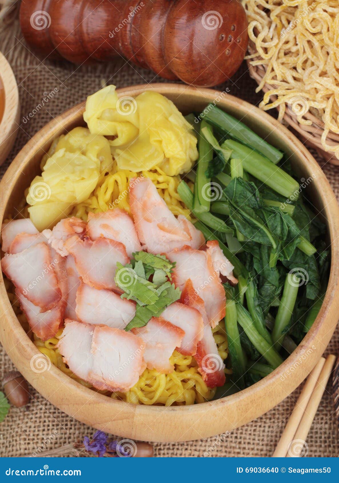 Egg Noodles with Pork and Dumpling in Soup. Stock Photo Image of