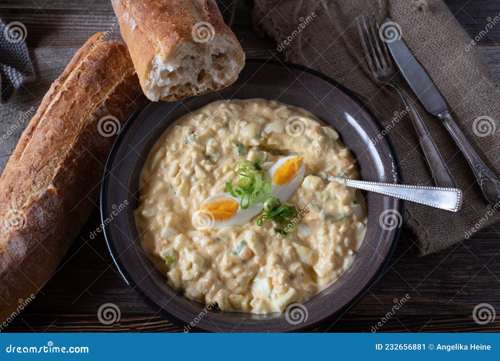 Egg Salad with Fresh Baguette on Wooden Table Stock Image Image of