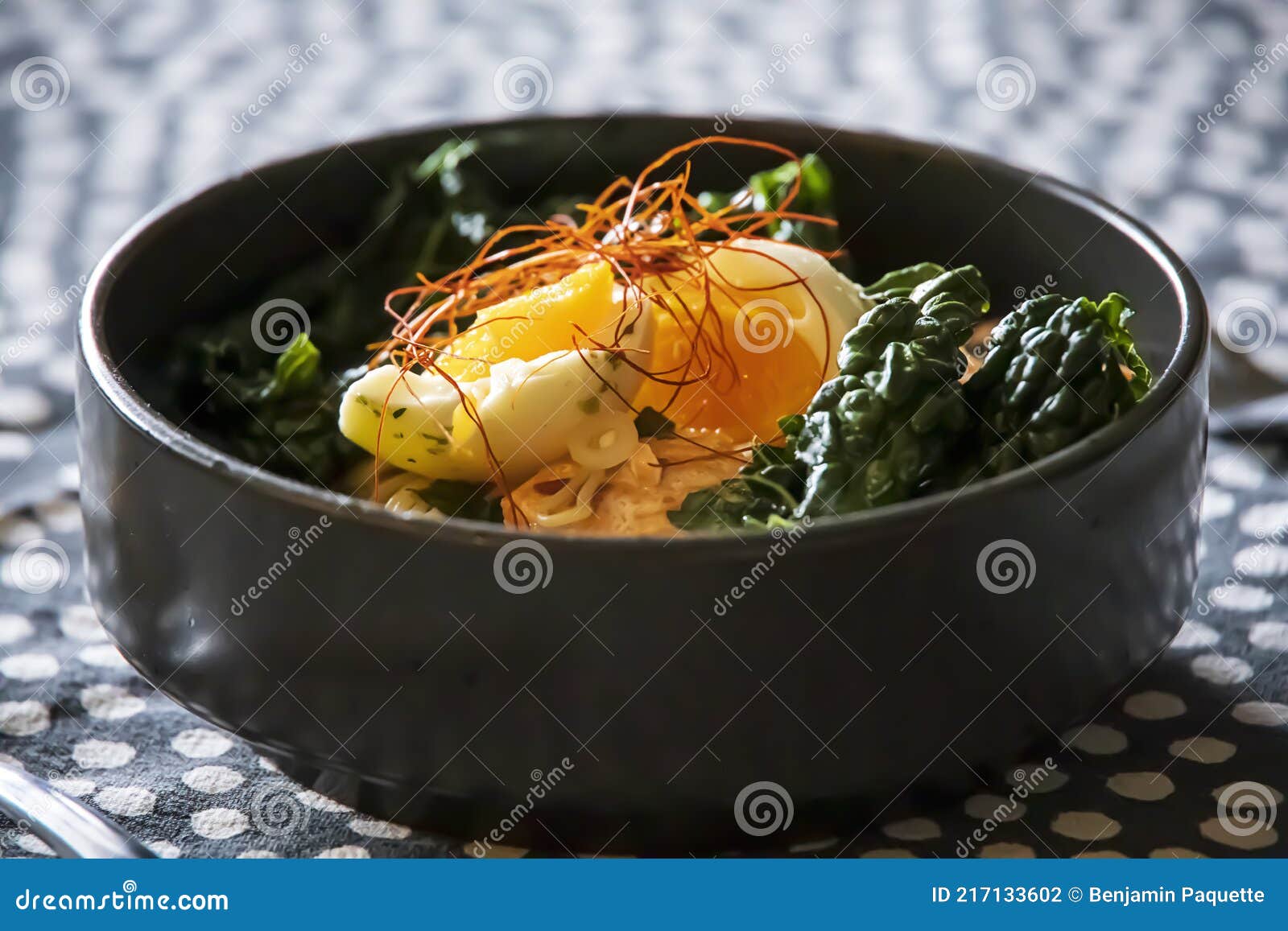 Egg on Top of Kale and Ramen Noodles Stock Photo Image of dinner